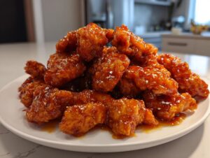 A generous pile of crispy, glazed orange chicken recipe pieces sprinkled with sesame seeds on a white plate.