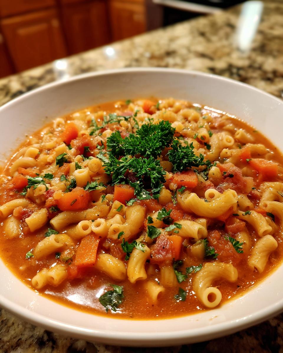 Close-up of a warm bowl of Pasta e Fagioli soup, featuring elbow macaroni, diced vegetables, and fresh parsley.