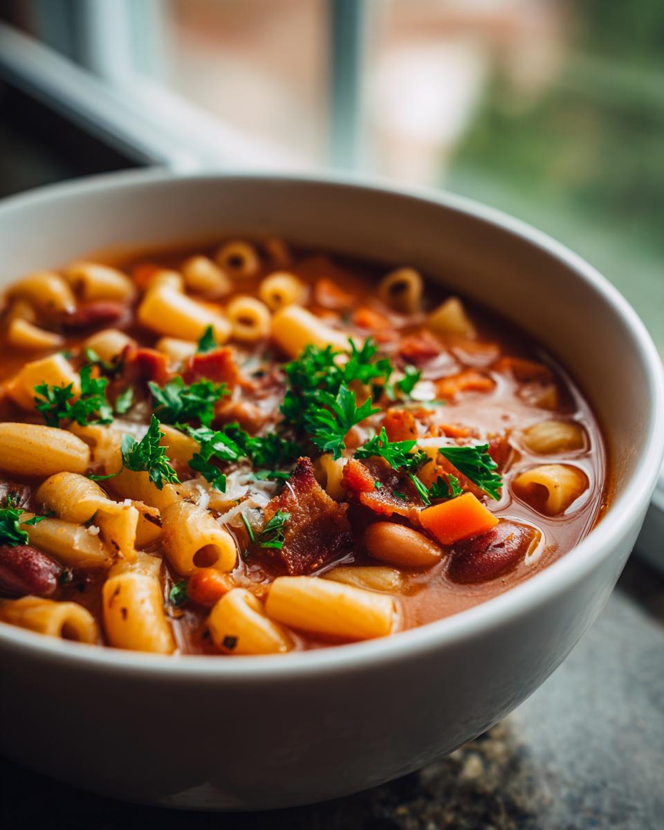A close-up of a white bowl filled with rich Pasta e Fagioli soup, featuring pasta, beans, and bacon topped with parsley.