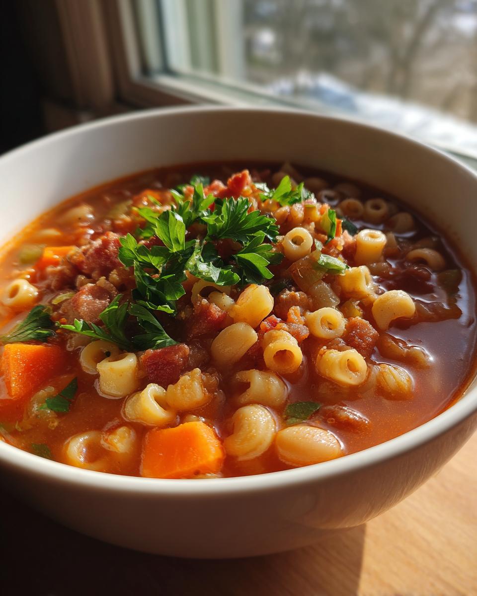 Close-up of a steaming bowl of Pasta e Fagioli featuring ditalini pasta, white beans, carrots, and topped with fresh parsley.