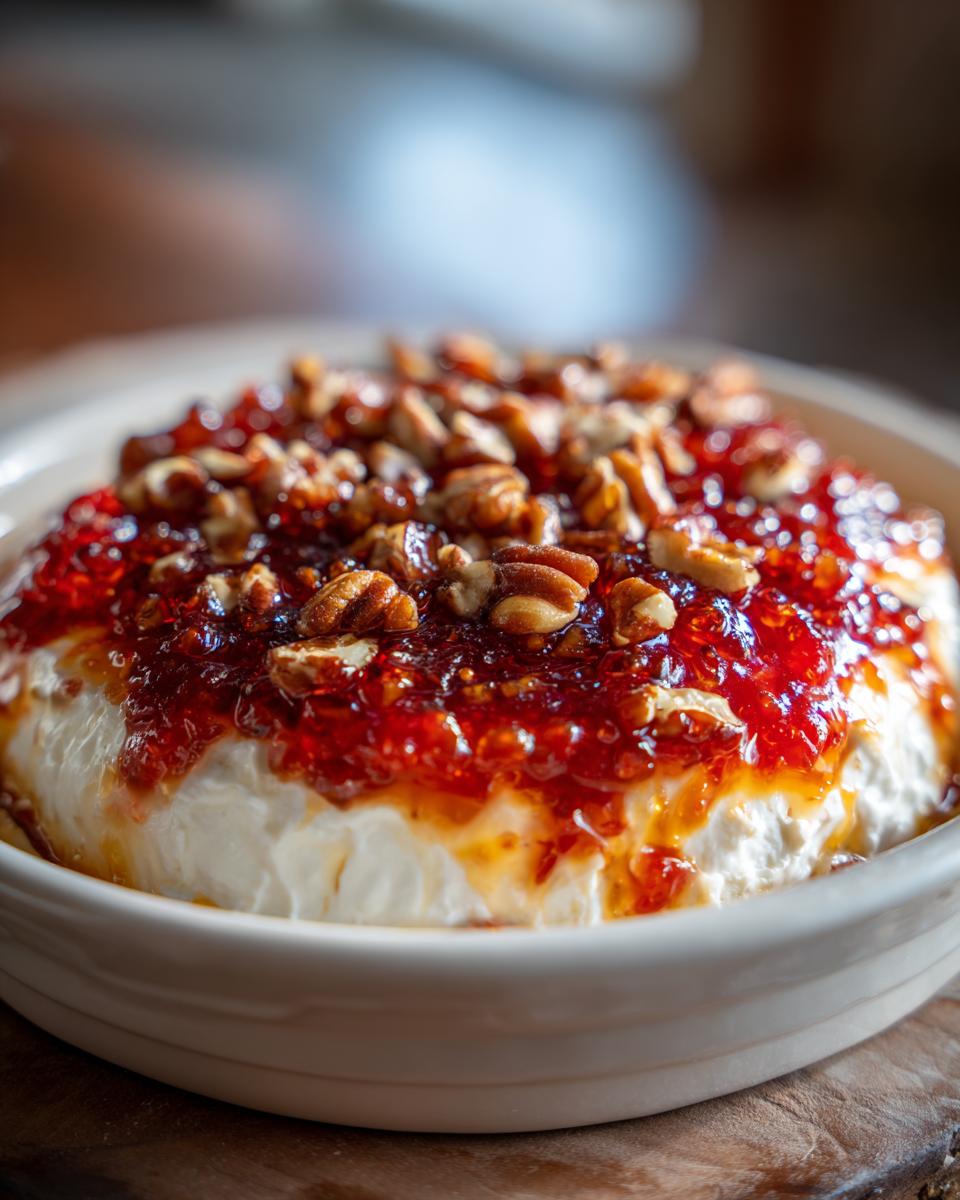 Close-up of a creamy pepper jelly cheese dip topped generously with chopped pecans.