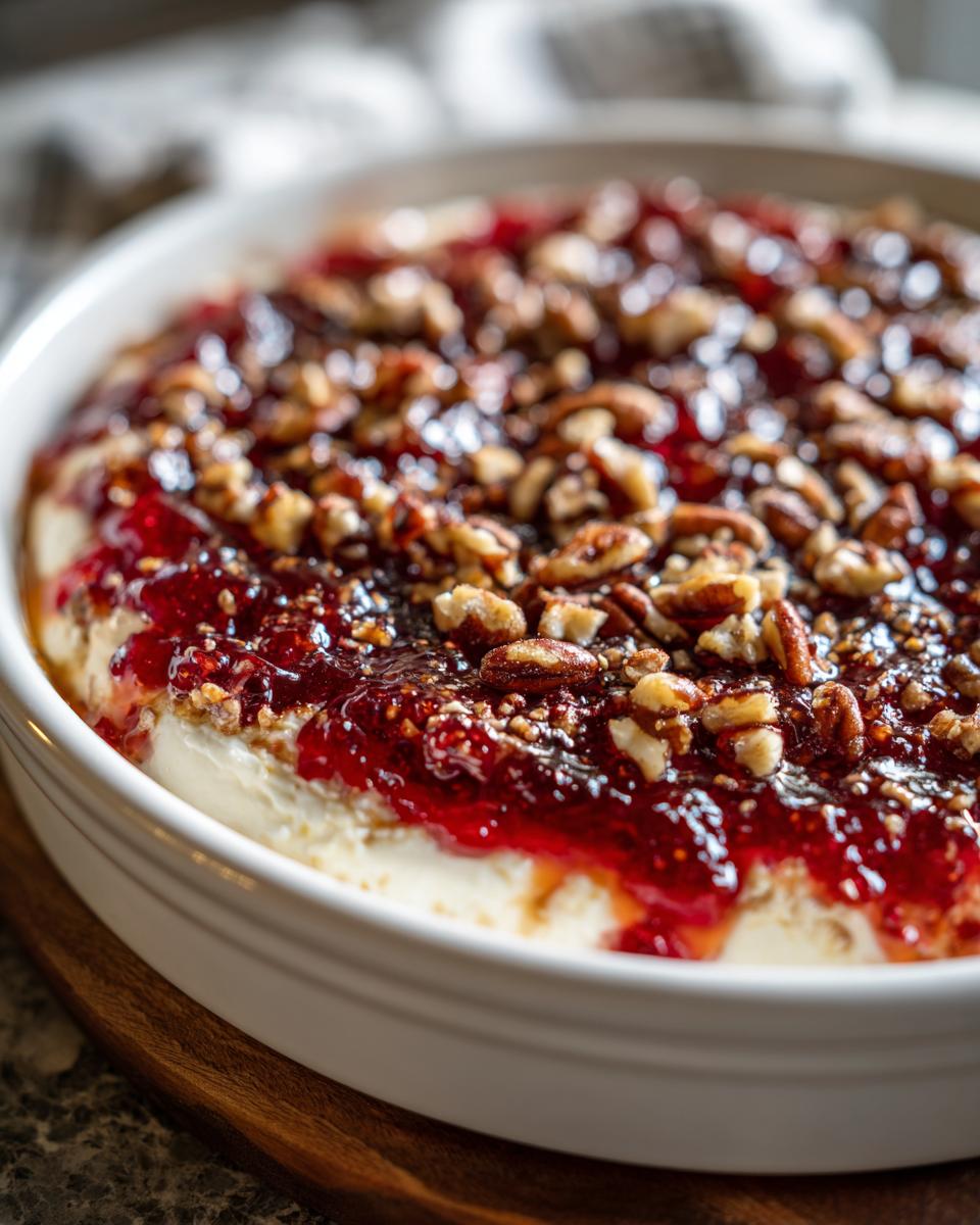 A close-up view of a creamy pepper jelly cheese dip topped with glistening red jelly and chopped pecans in a white serving dish.