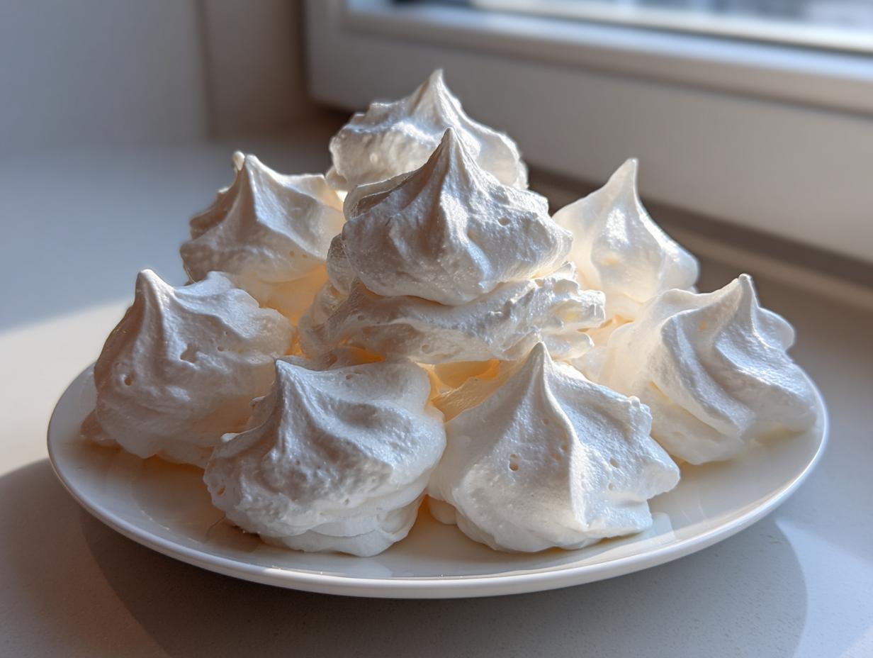 A pile of freshly baked, white meringue cookies with sharp peaks, displayed on a small white plate near a window.