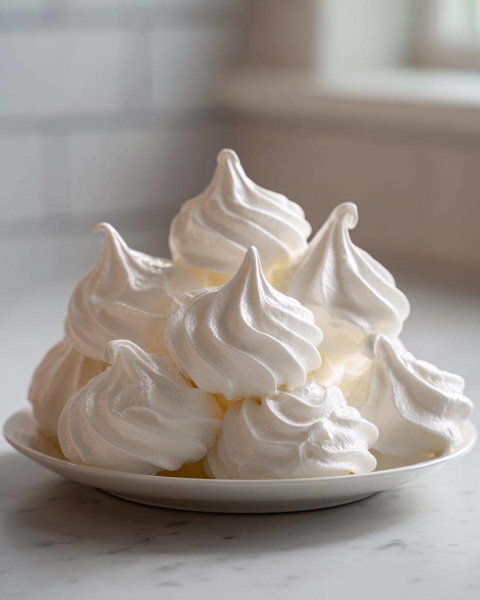 A stack of glossy, white, perfectly piped meringue cookies piled high on a small white saucer.