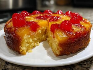 A moist slice removed from a homemade pineapple upside down cake topped with caramelized pineapple rings and maraschino cherries.