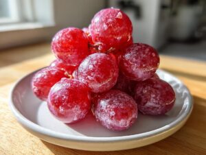 A cluster of bright red candy grapes covered in a light, sugary coating, resting on a small white plate.
