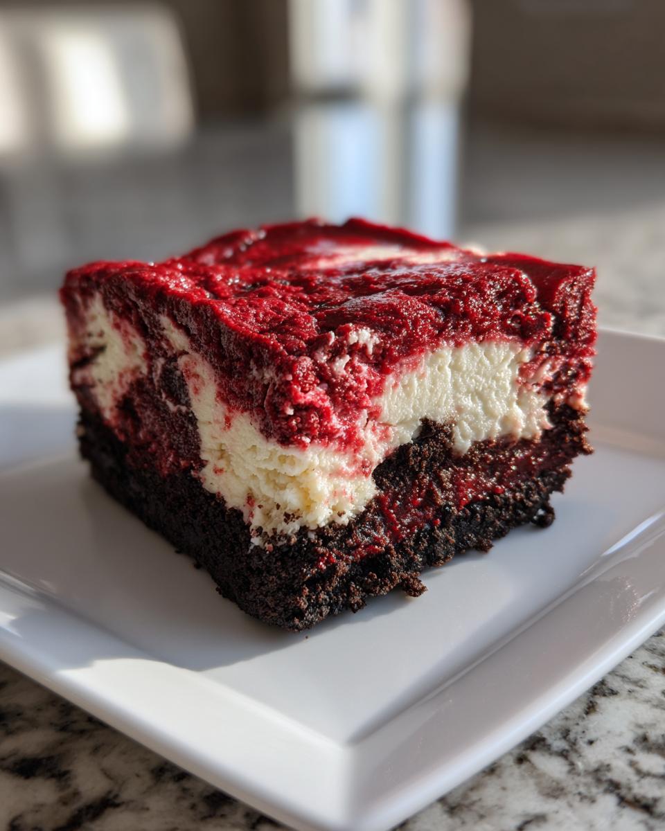 A decadent square slice of red velvet cheesecake with a dark crust, sitting on a white plate.