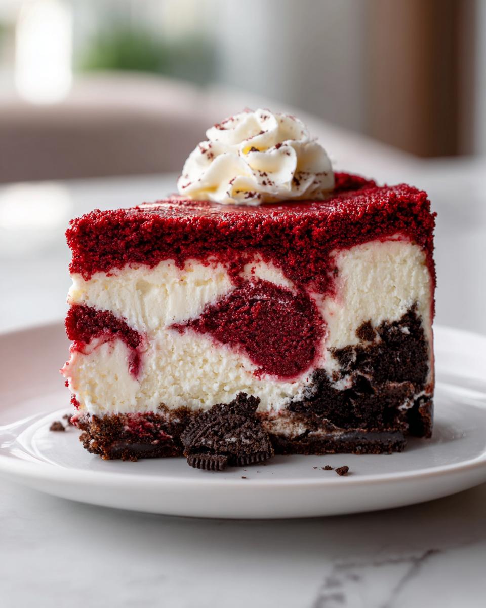 A decadent slice of red velvet cheesecake featuring a marbled red and white interior and a chocolate cookie crust, topped with whipped cream.