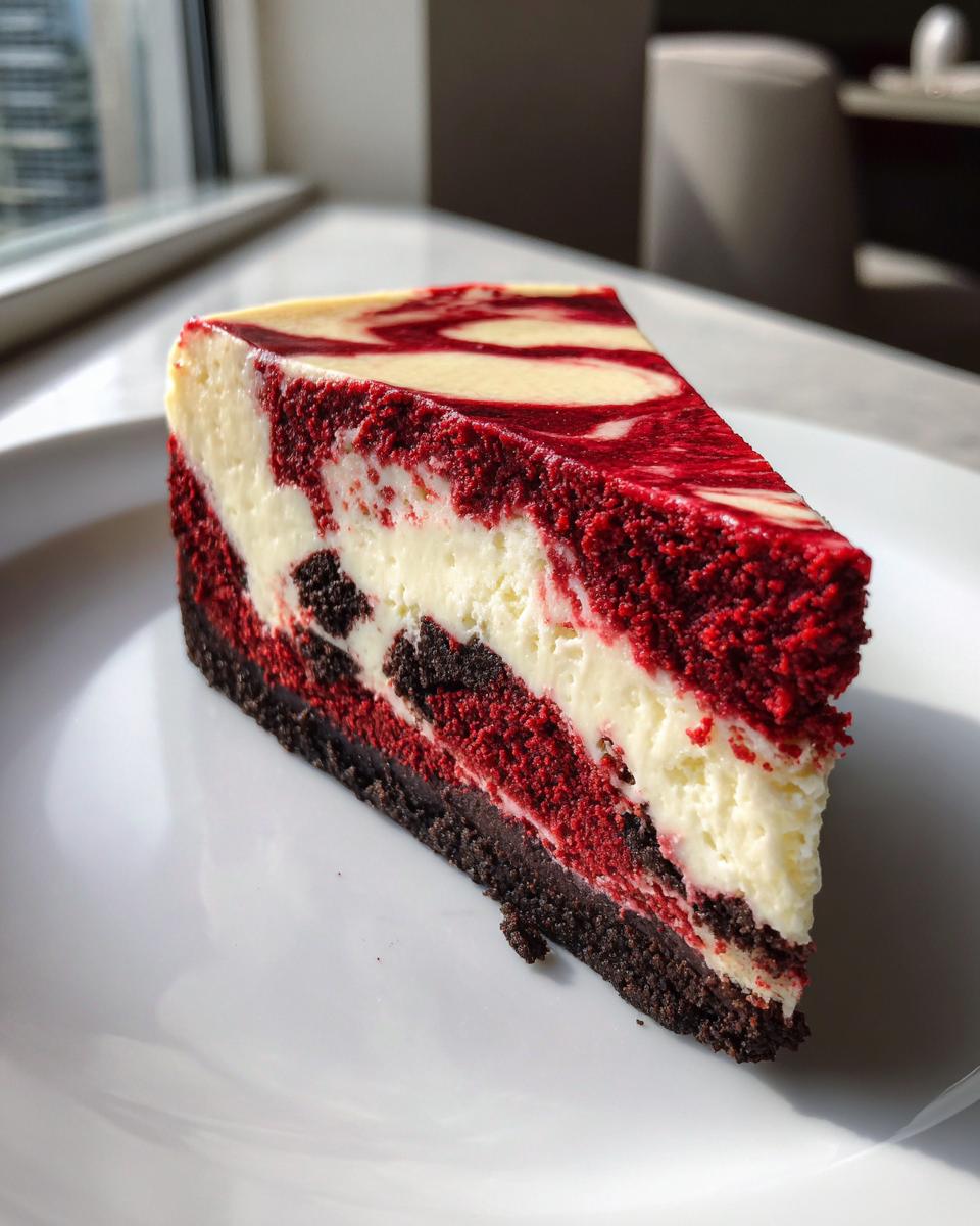 A perfect slice of red velvet cheesecake featuring dark red layers, white cream cheese swirls, and a dark crust.