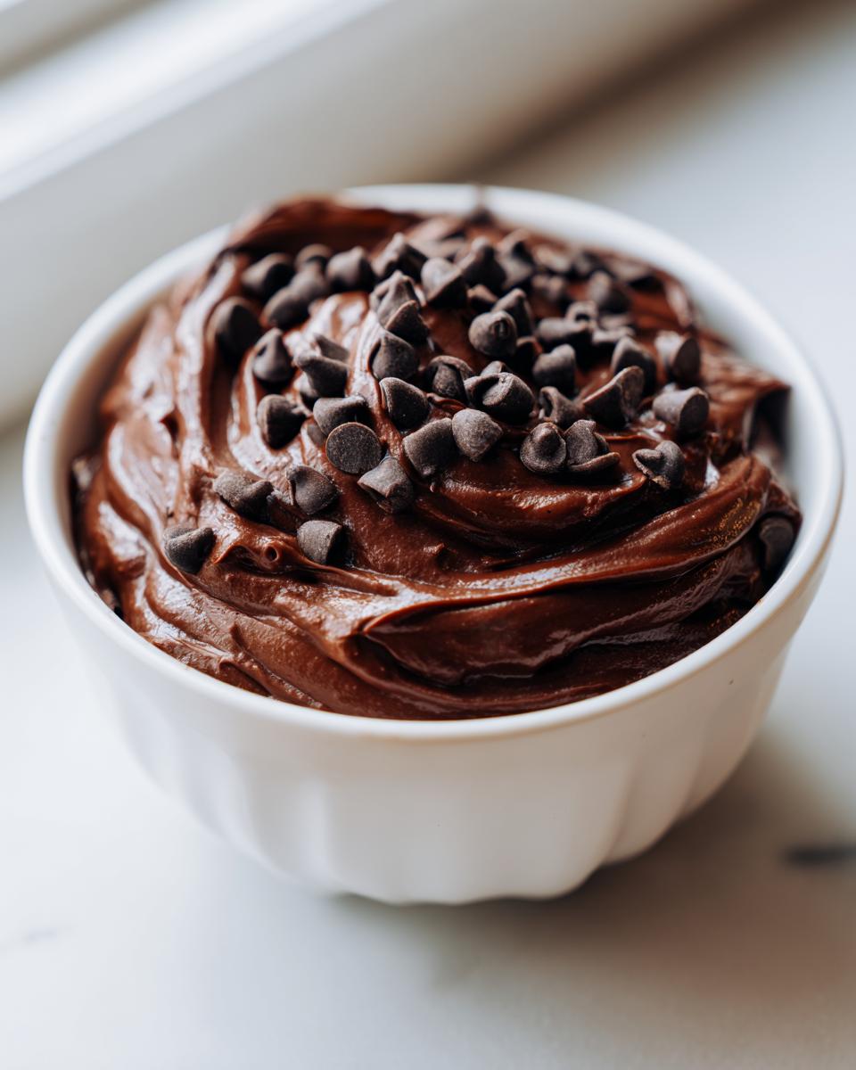 A close-up of thick, rich chocolate brownie batter dip topped generously with mini chocolate chips in a white bowl.