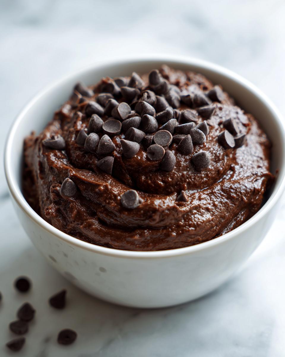 Close-up of rich, thick brownie batter dip topped generously with chocolate chips in a white bowl.