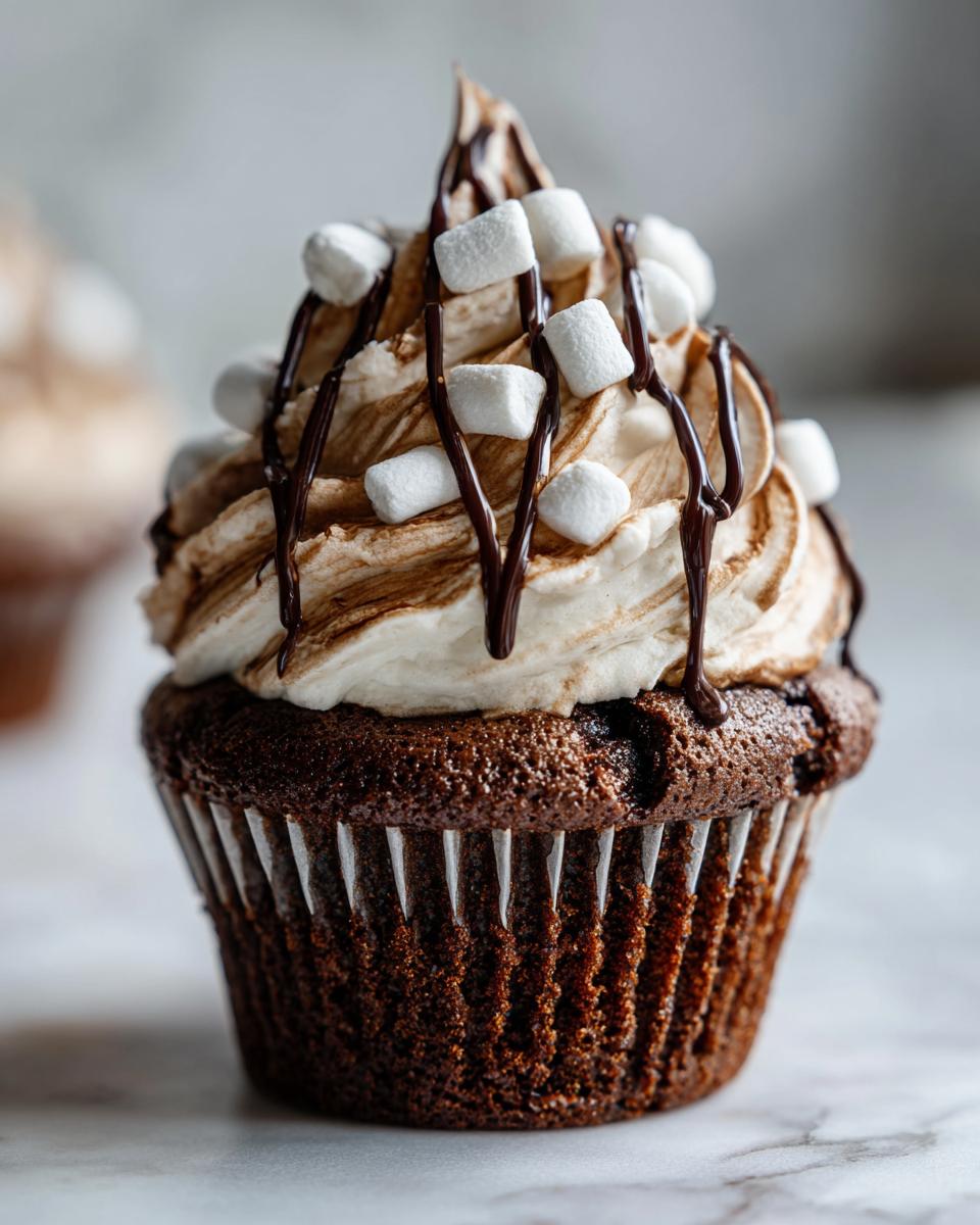 Close-up of a rich chocolate hot chocolate cupcake topped with swirled frosting, mini marshmallows, and chocolate drizzle.