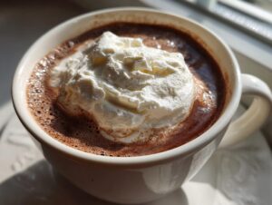 Close-up of a mug filled with rich, dark hot chocolate topped with a generous dollop of whipped cream.