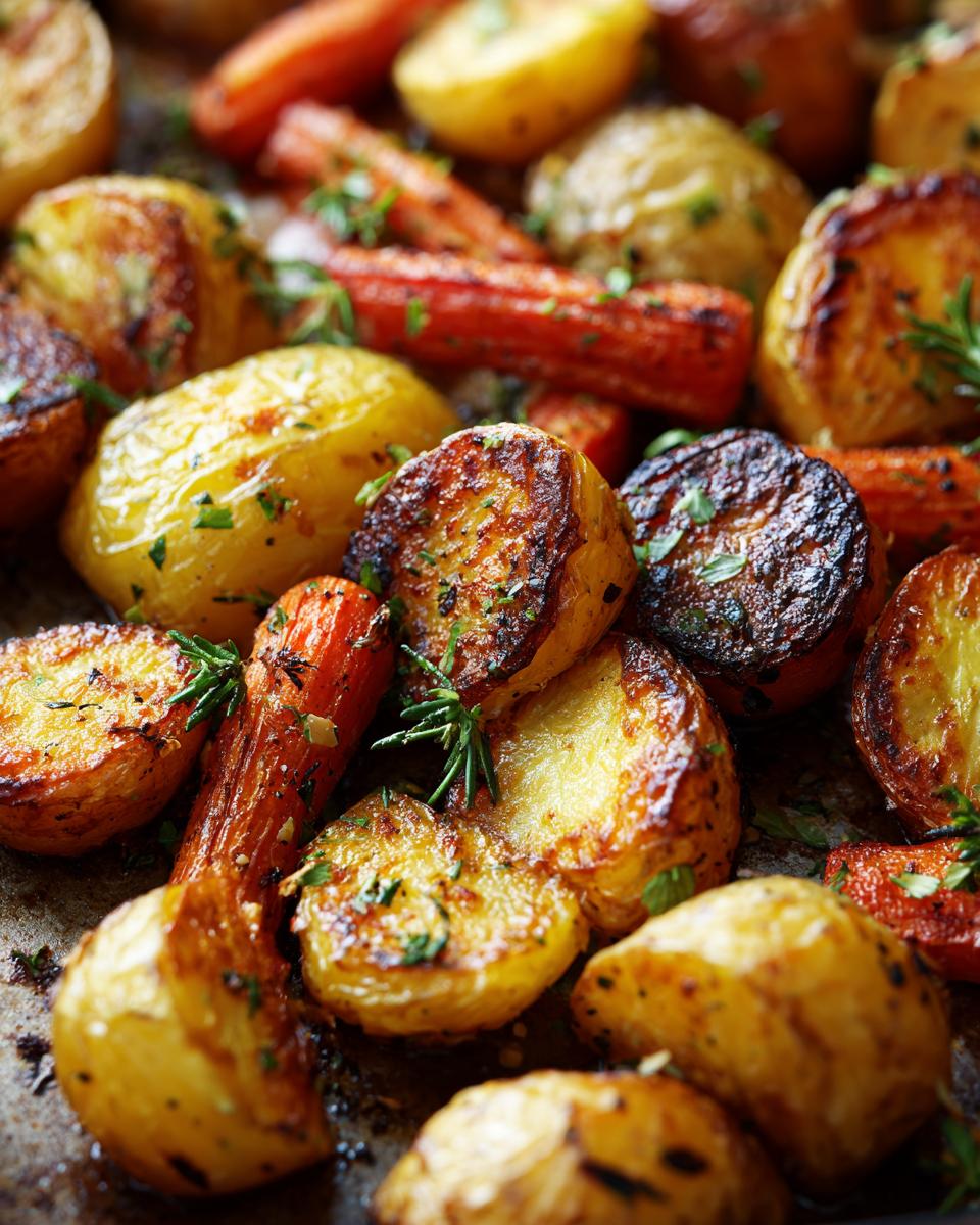 Close-up of golden brown roasted potatoes and carrots seasoned with herbs.