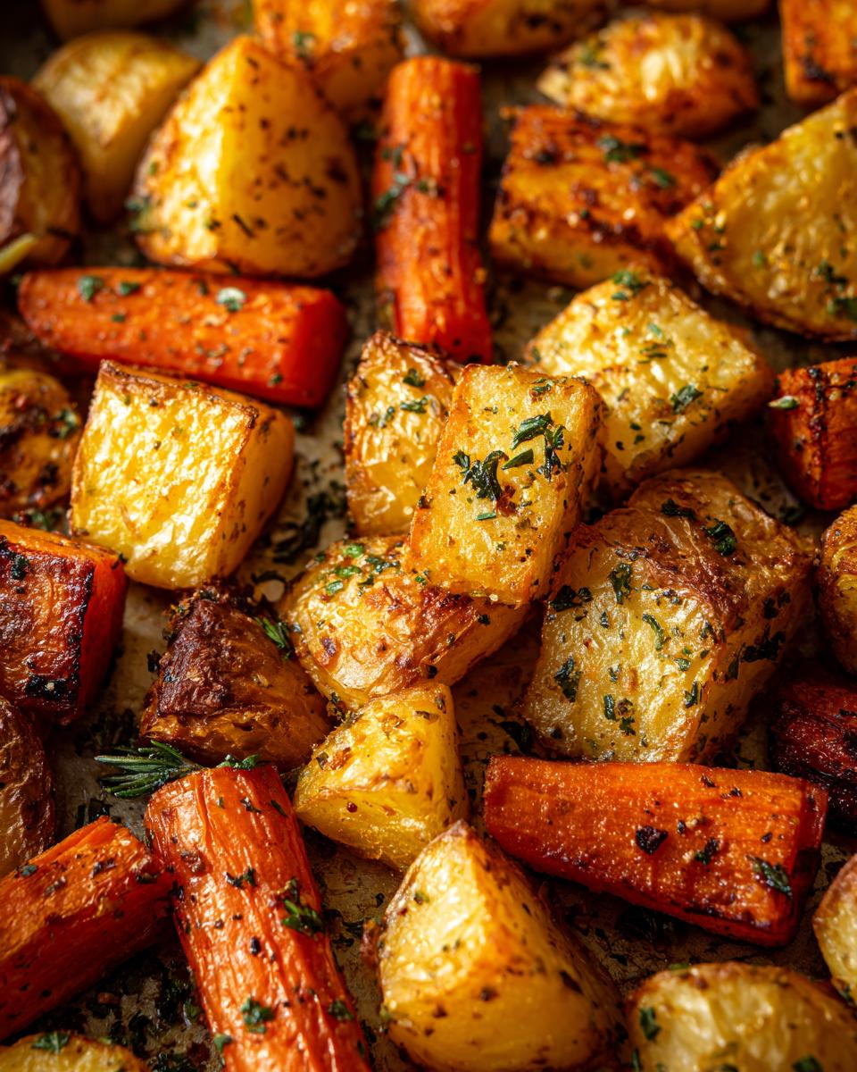Close-up of golden brown roasted potatoes and carrots seasoned with herbs.