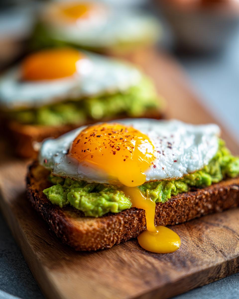 Close-up of delicious avocado toast topped with a sunny-side-up egg, showing runny yolk dripping onto the board.
