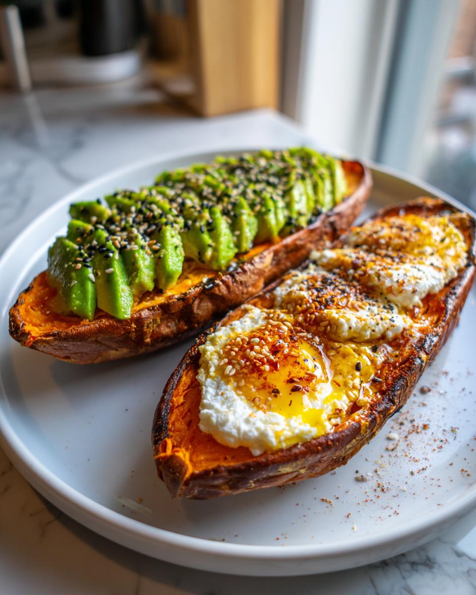 Two halves of baked sweet potato toast topped differently: one with sliced avocado and seeds, the other with an egg and cheese.
