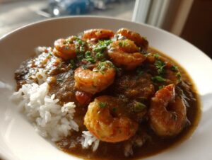 A close-up, sunlit photo of a bowl of shrimp etouffee served over white rice, garnished with fresh parsley.