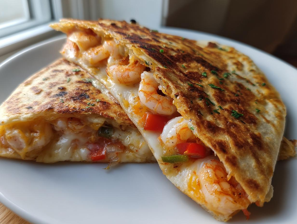 Two halves of a golden-brown shrimp quesadilla cut open, revealing melted cheese and seasoned shrimp filling.