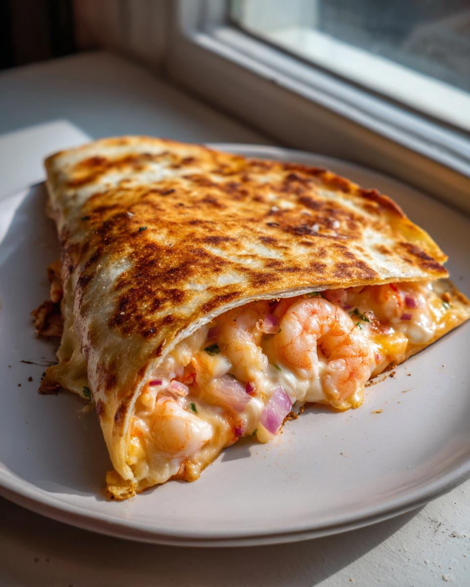 Close-up of a perfectly grilled shrimp quesadilla slice revealing pink shrimp, melted cheese, and red onion.