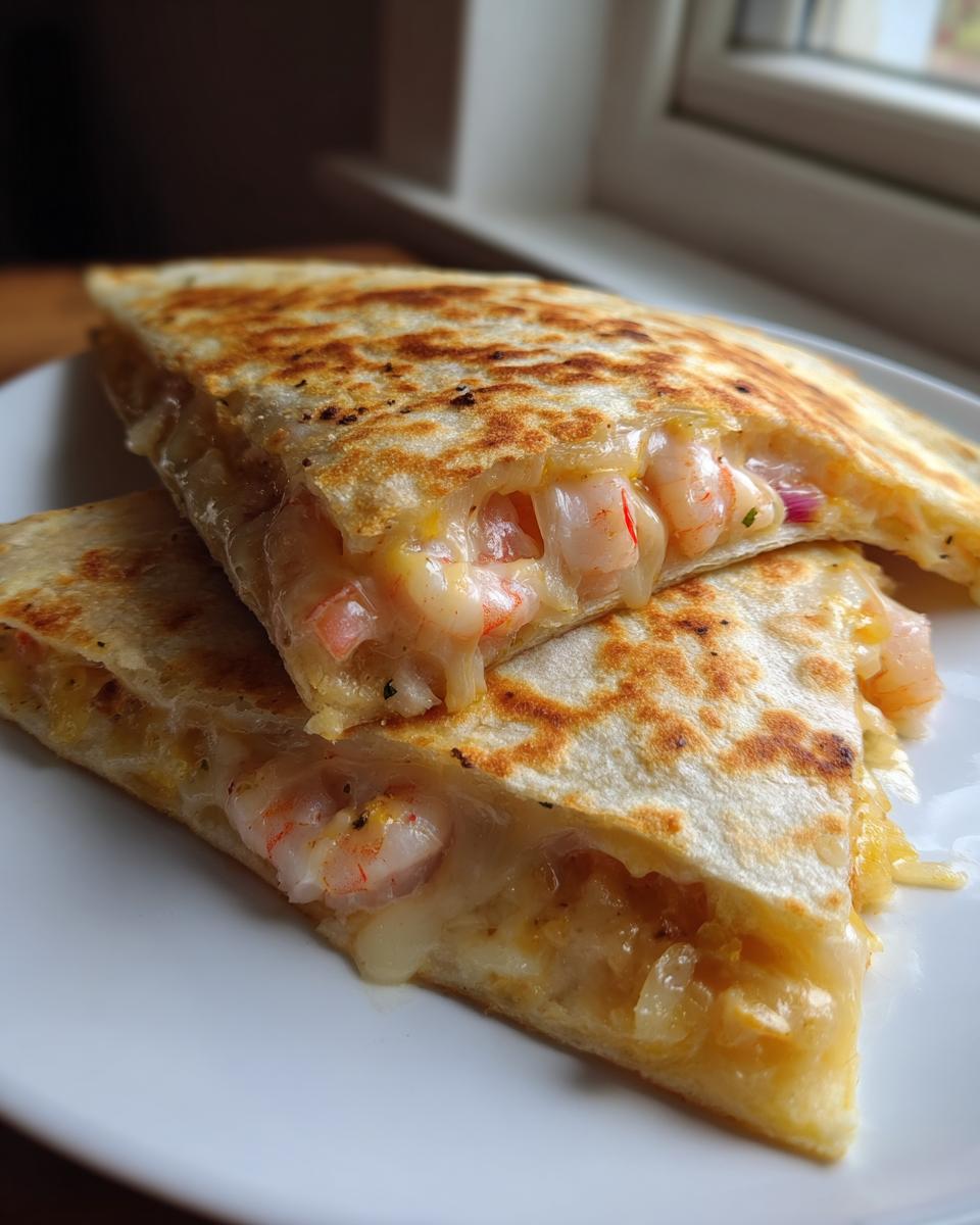 Two golden-brown triangles of a shrimp quesadilla showing melted cheese and pink shrimp filling.