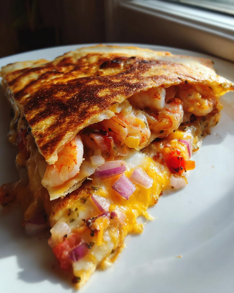 A close-up of a golden-brown shrimp quesadilla slice filled with plump shrimp, melted cheese, and diced red onion.