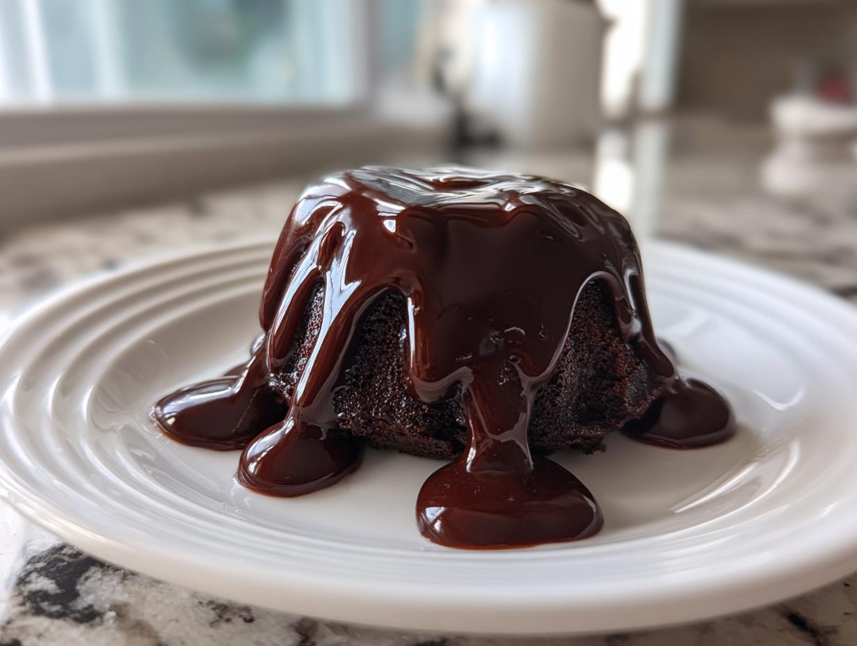 A small chocolate cake generously covered in glossy, homemade chocolate sauce recipe, dripping onto a white plate.