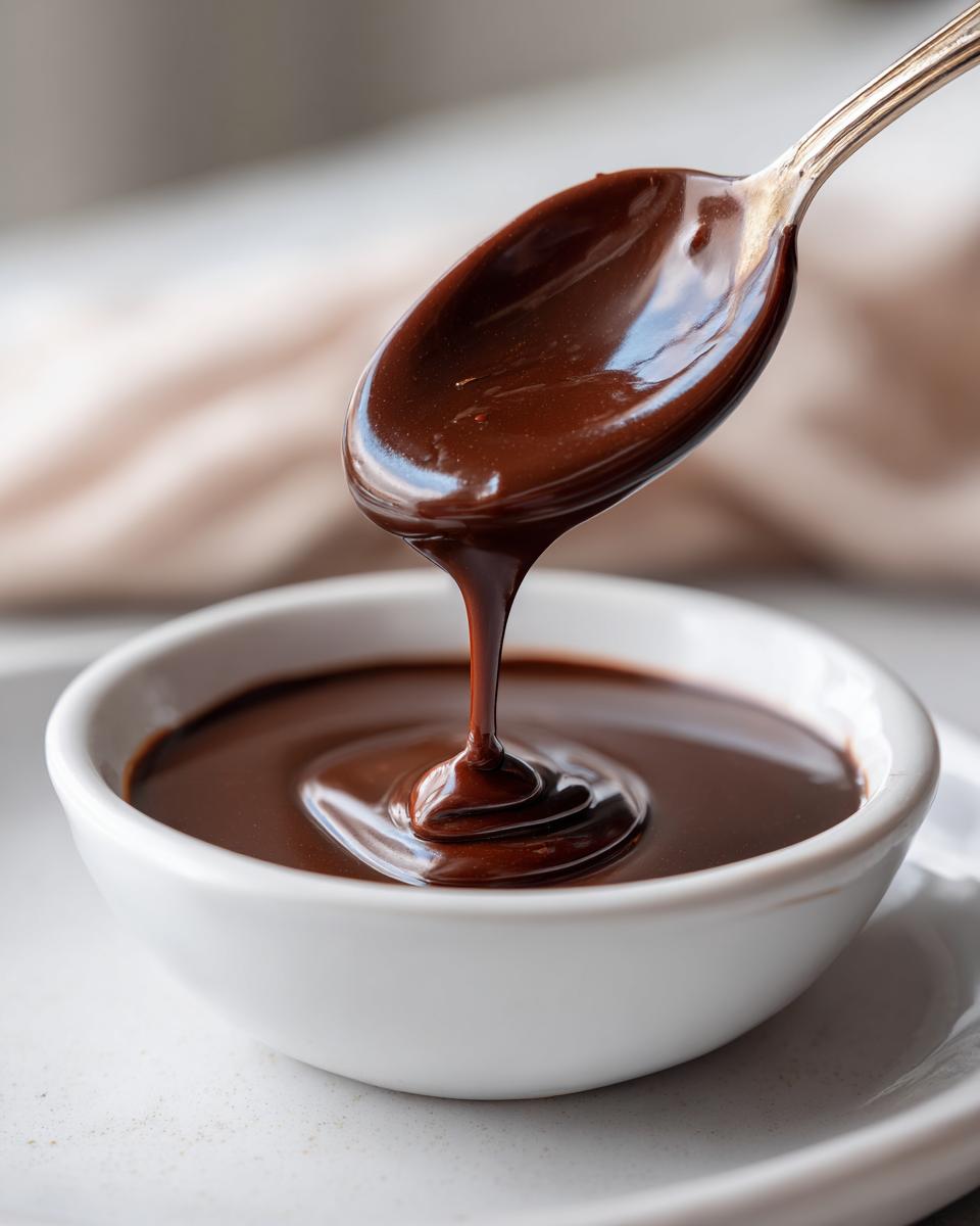 Close-up of glossy, dark chocolate sauce recipe dripping from a silver spoon into a small white bowl.