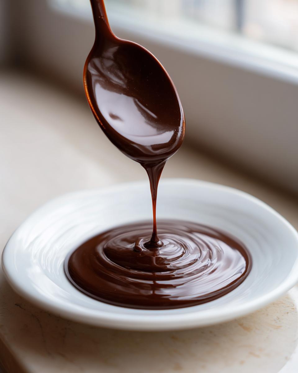 Close-up of thick, glossy chocolate sauce recipe being poured from a spoon into a small white bowl, creating ripples.