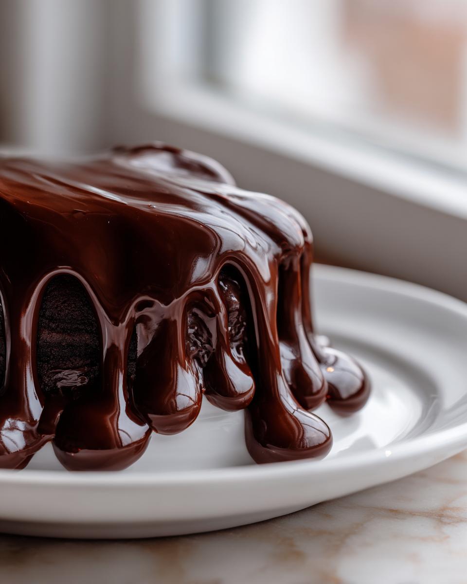 Close-up of a dark chocolate cake generously covered in glossy, dripping chocolate sauce recipe.