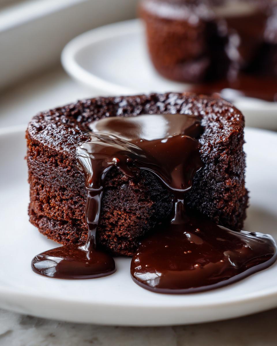 Close-up of a rich, dark chocolate lava cake generously topped with silky chocolate sauce recipe.