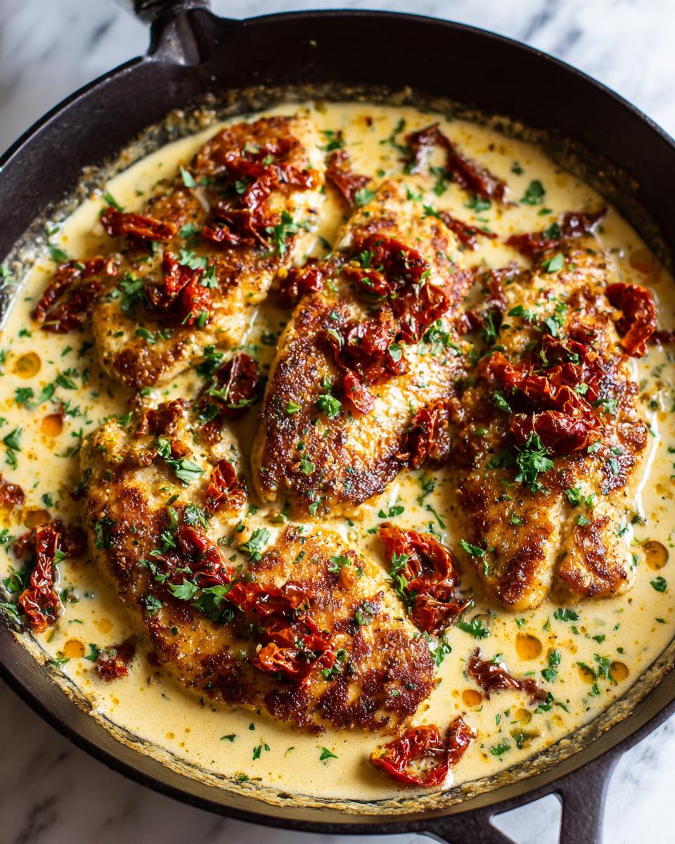Four golden-brown chicken breasts simmering in a rich, creamy sauce topped with sun-dried tomatoes and parsley, classic Marry Me Chicken.