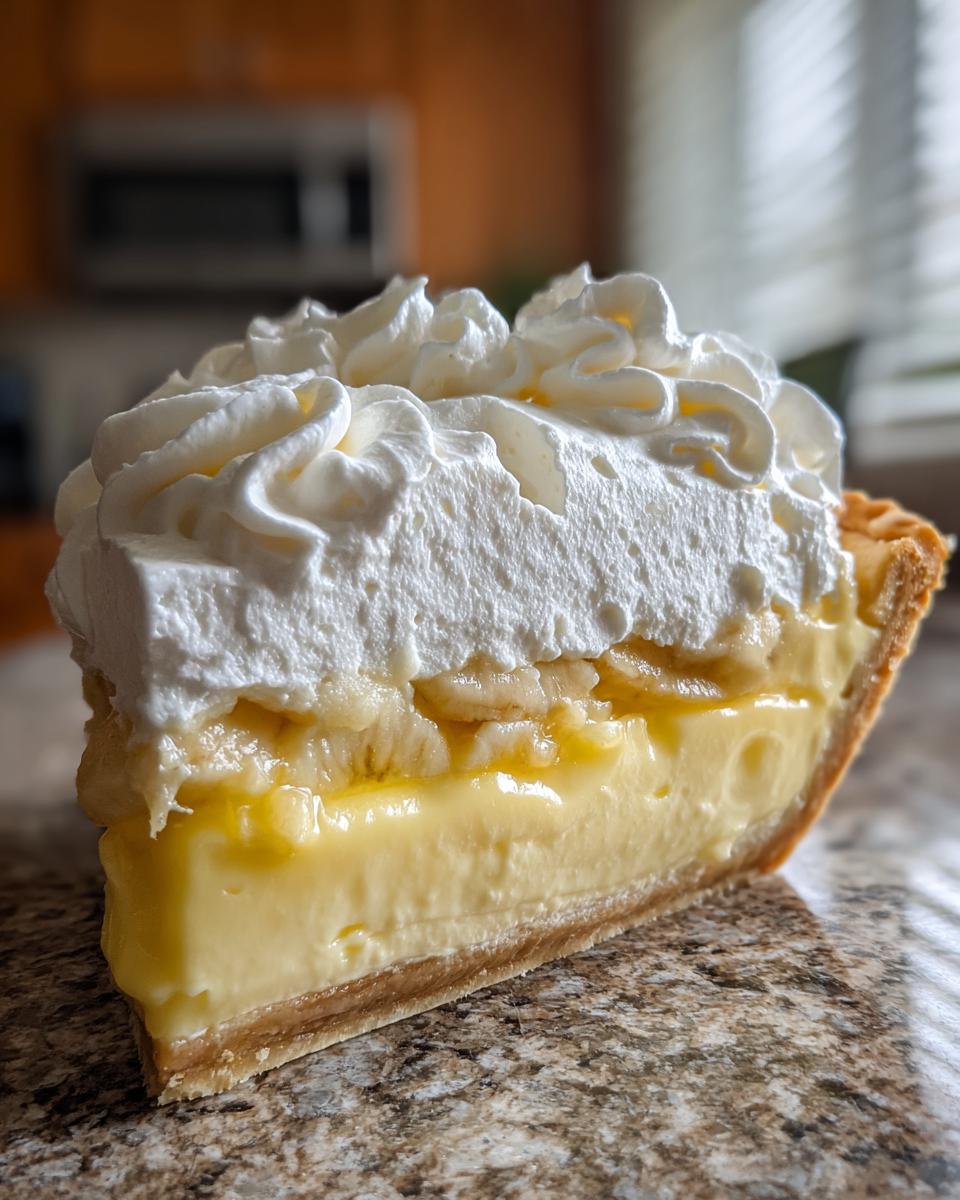 Close-up of a thick slice of banana cream pie showing layers of crust, custard, bananas, and tall whipped cream topping.