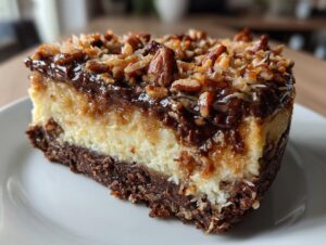 A decadent slice of german chocolate cheesecake showing a dark chocolate crust, creamy filling, and pecan-coconut topping.