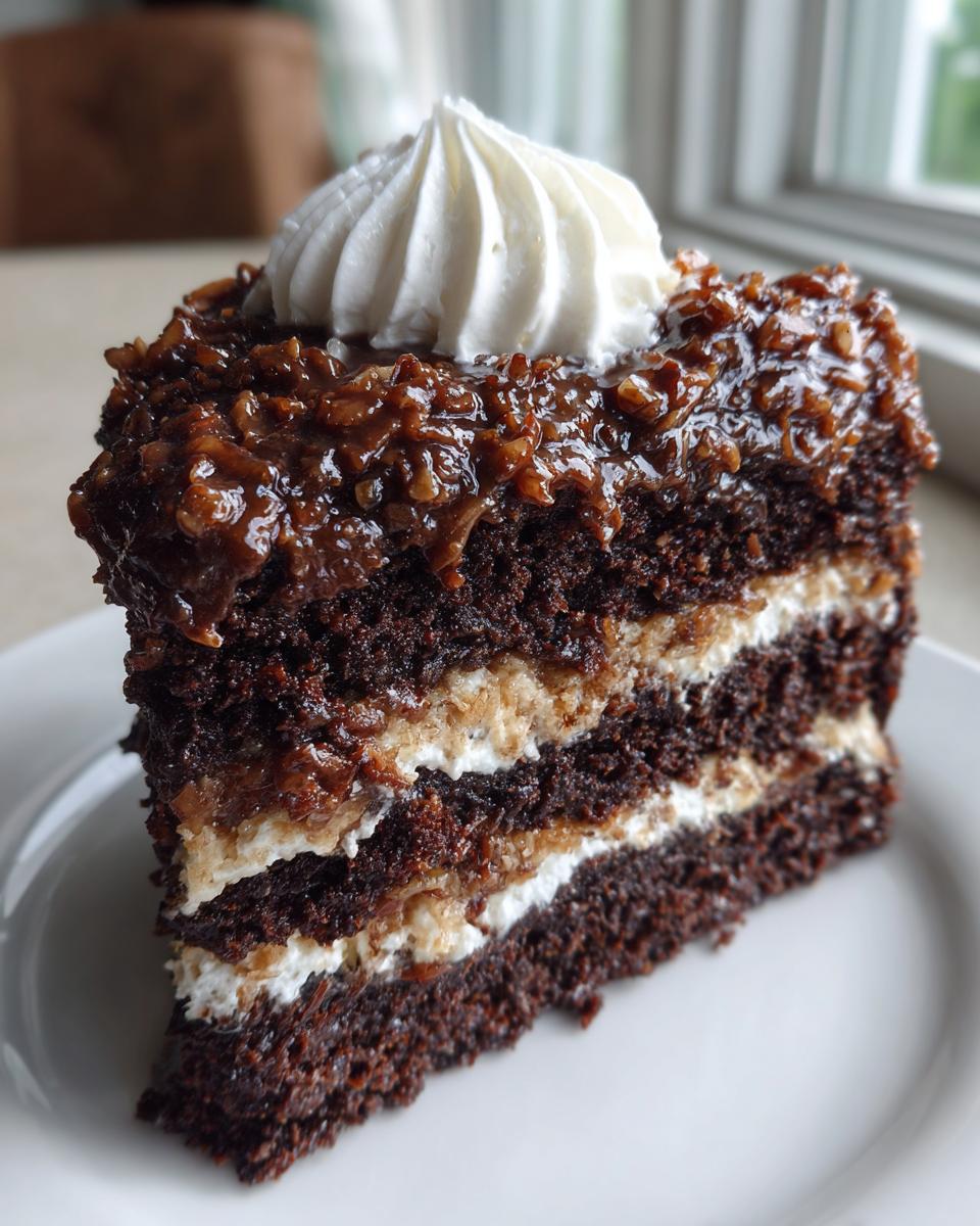 A tall slice of moist german chocolate poke cake layered with frosting and topped with rich coconut-pecan topping and whipped cream.