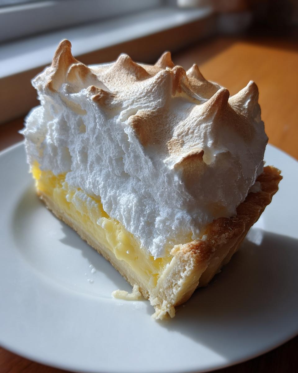 A close-up slice of lemon meringue pie showing bright yellow curd, crust, and tall, toasted meringue peaks.