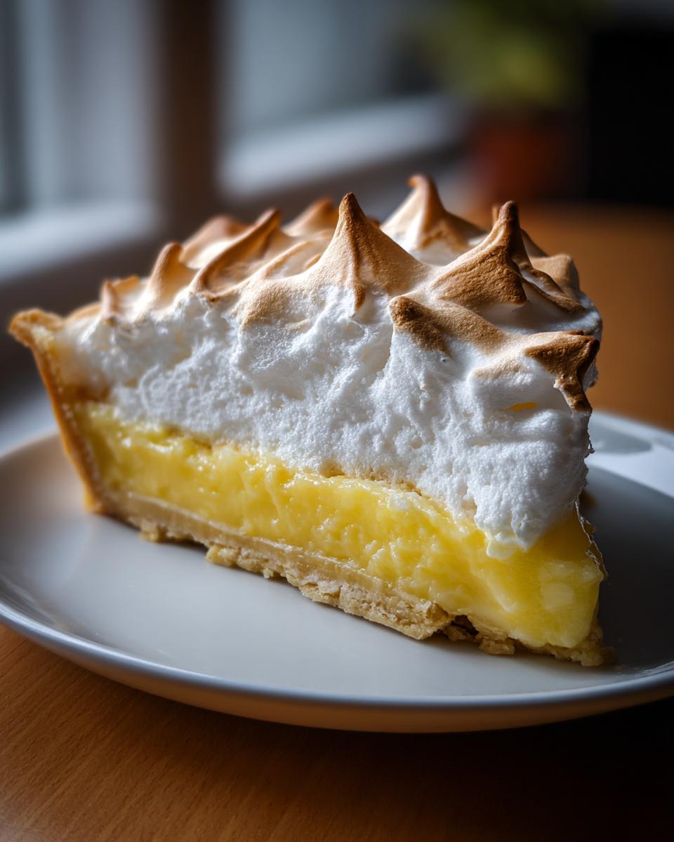 A close-up of a tall slice of lemon meringue pie showing bright yellow filling and fluffy, toasted meringue peaks.