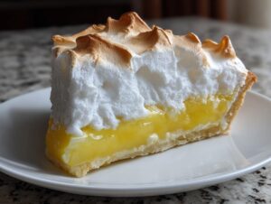 A thick slice of lemon meringue pie showing bright yellow filling and towering, toasted meringue.