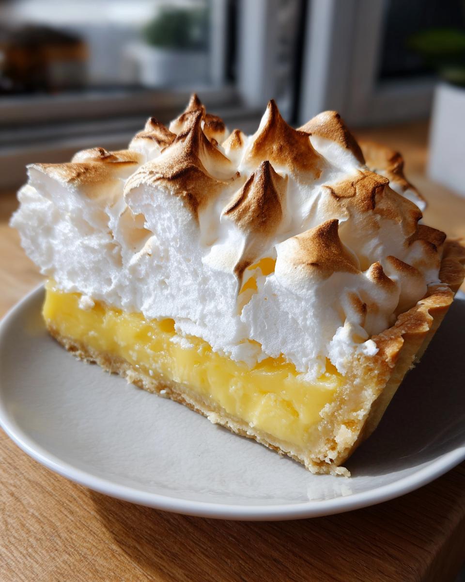 A close-up slice of lemon meringue pie showing thick lemon curd, crust, and peaks of torched meringue.