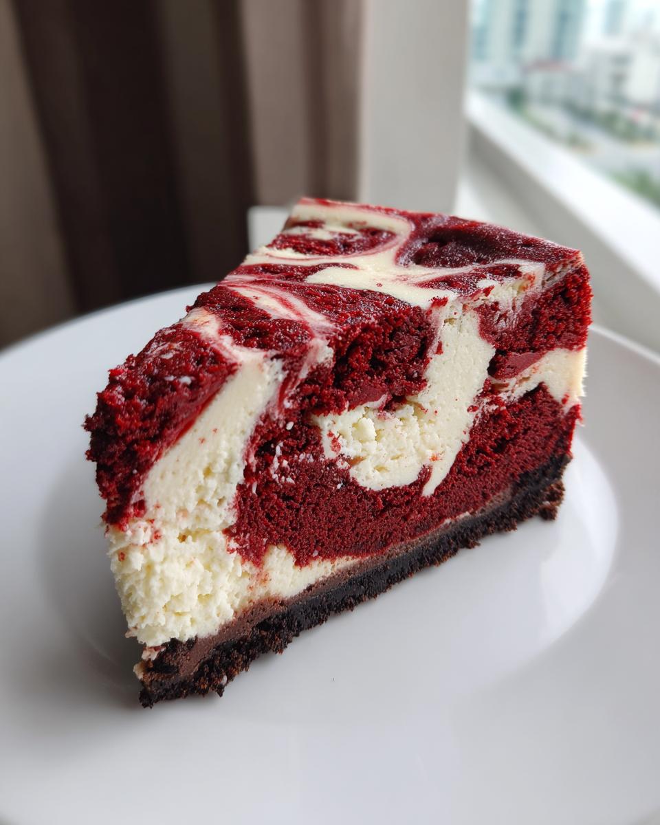 A close-up of a rich slice of red velvet cheesecake with white cream cheese swirls on a white plate.