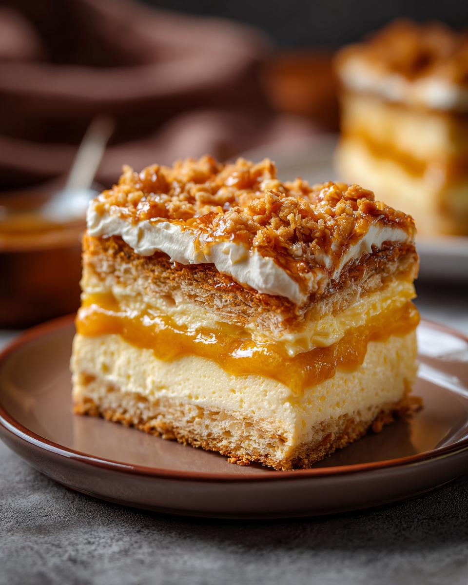 A decadent slice of bee sting cake featuring layers of cream, apricot filling, and a crunchy almond topping.