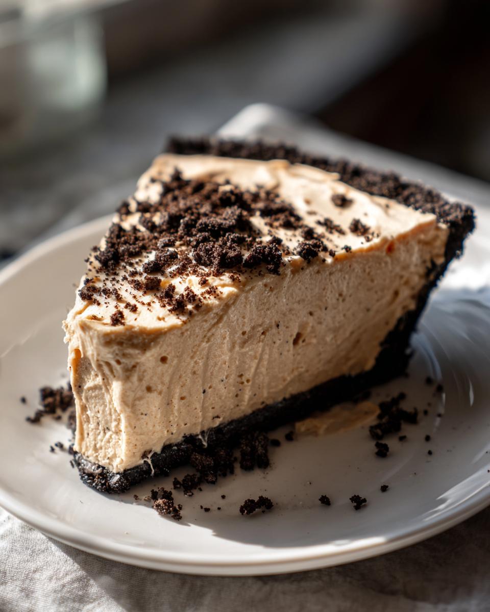 A thick slice of creamy peanut butter pie with a dark chocolate cookie crust, topped with cookie crumbs.
