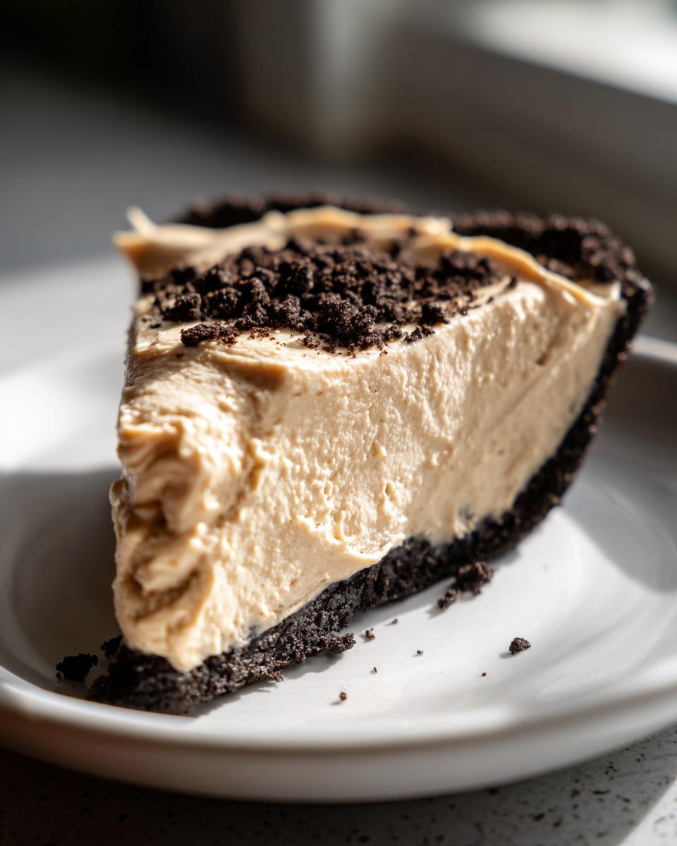 A rich slice of no-bake peanut butter pie featuring a thick, creamy filling and dark chocolate crust, topped with cookie crumbles.