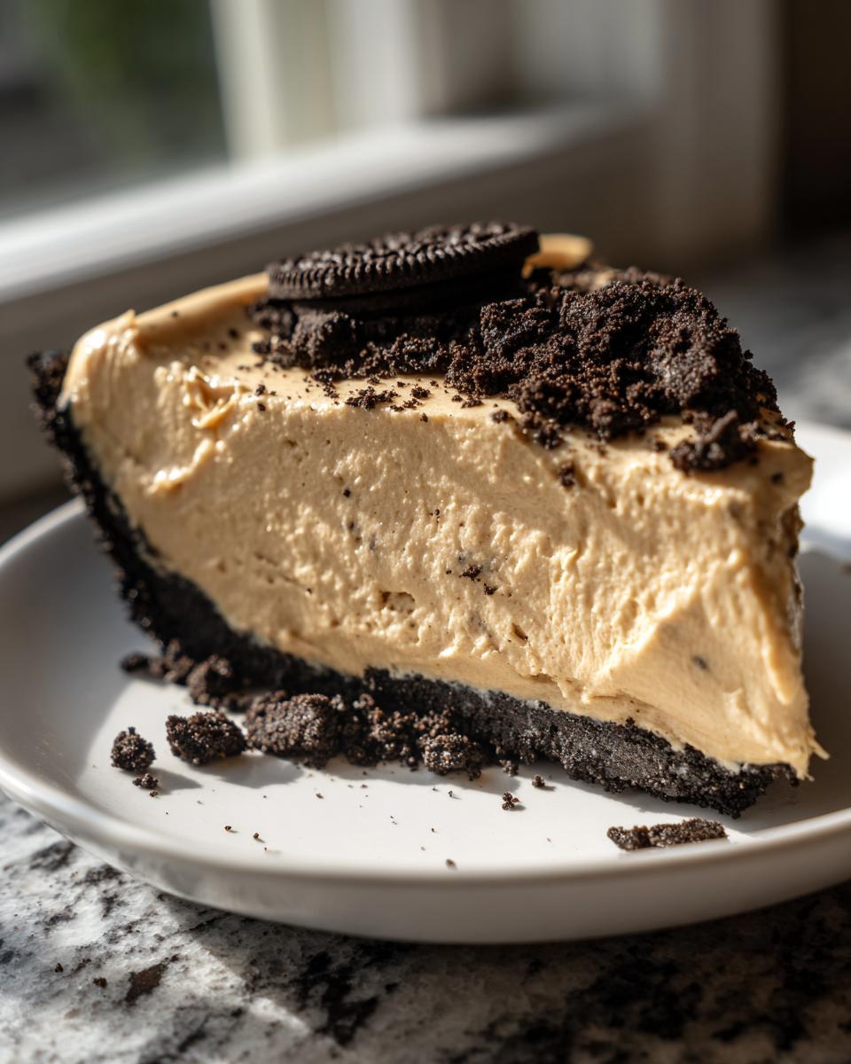 A rich slice of no-bake peanut butter pie featuring a dark chocolate crust and topped with cookie crumbs and an Oreo.