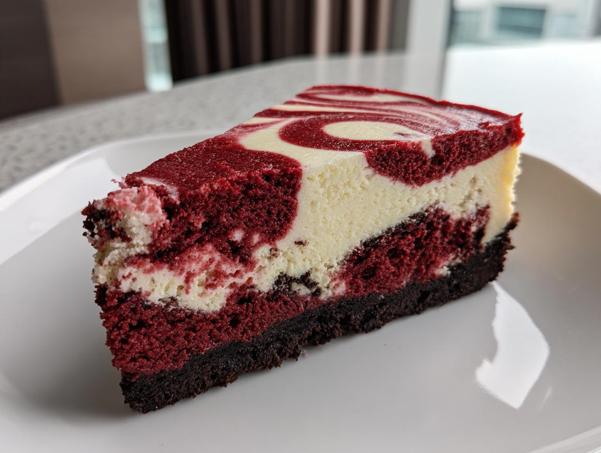 A close-up slice of red velvet cheesecake featuring deep red cake swirled with white cream cheese filling on a white plate.