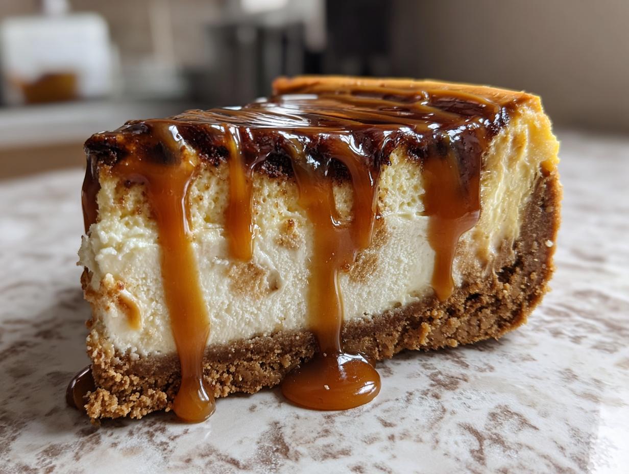 A decadent slice of salted caramel cheesecake with a thick graham cracker crust and rich caramel sauce dripping down the sides.