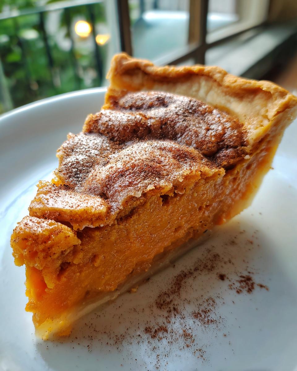 A close-up slice of rich, orange sweet potato cobbler with a crumbly topping dusted with cinnamon.