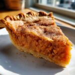 Close-up of a rich slice of sweet potato cobbler on a white plate, dusted heavily with cinnamon sugar.