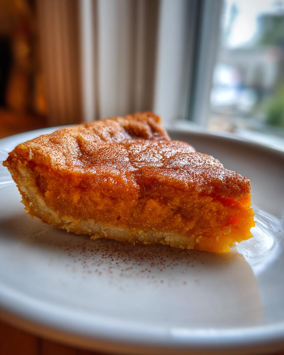 A close-up of a single slice of bright orange sweet potato cobbler dusted with cinnamon on a white plate.