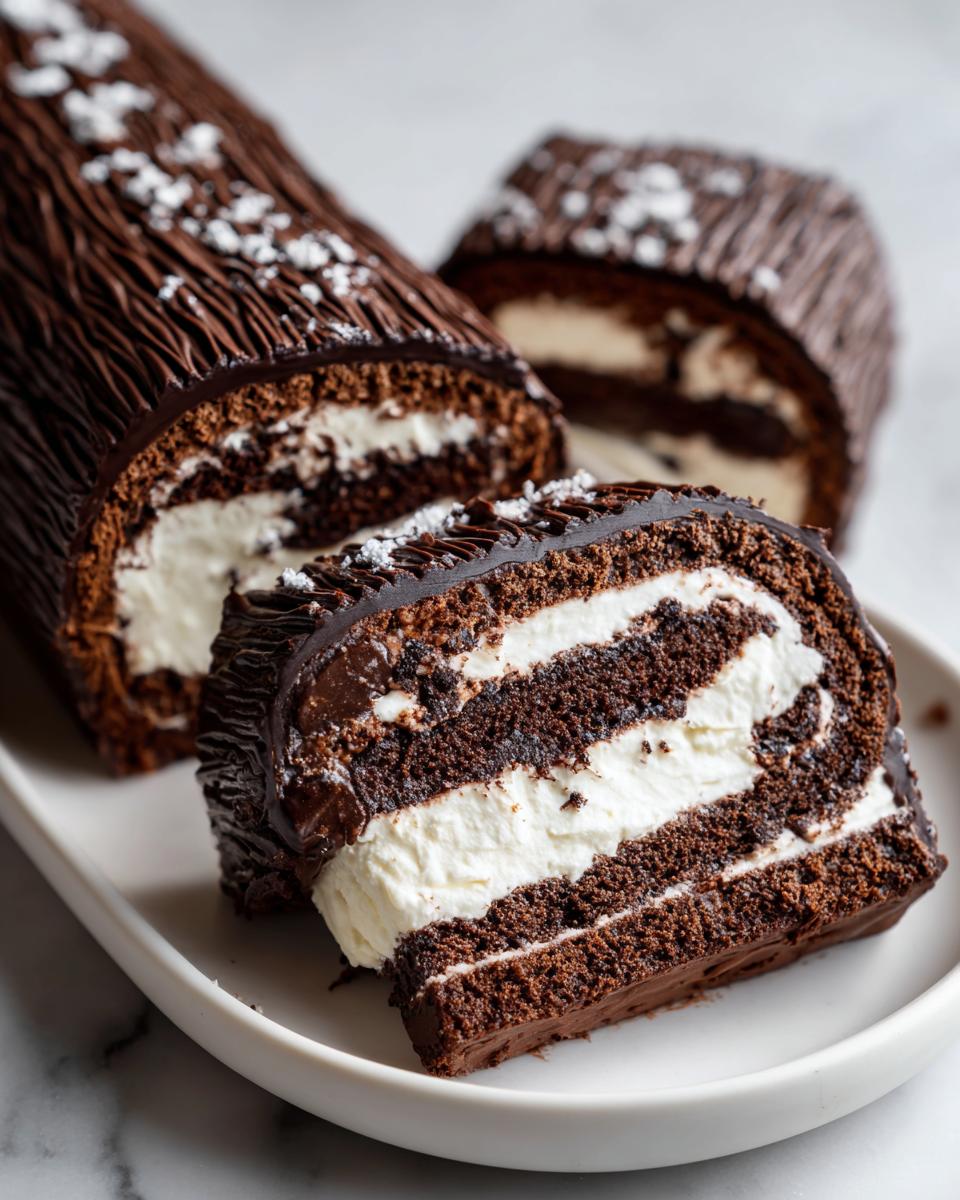 Close-up of a sliced chocolate yule log cake revealing layers of dark sponge and white cream filling.